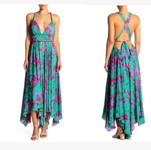 Free People Vibrant Backless Dress in Green and Pink